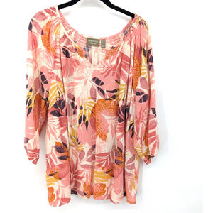 D&Co Shirt Womens Plus 1X Pink Linen Lightweight Top Tropical Coastal‎ Tunic